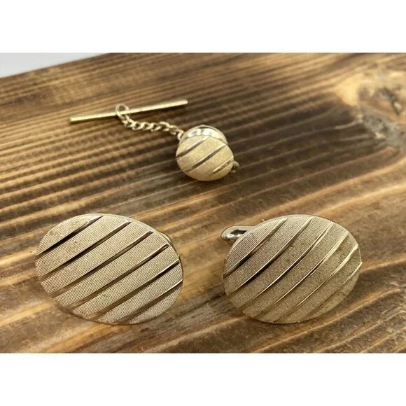 Vintage Retro 60’s Men’s Gold Striped Oval Cufflinks & Tie Pin Set Gift - Picture 2 of 5